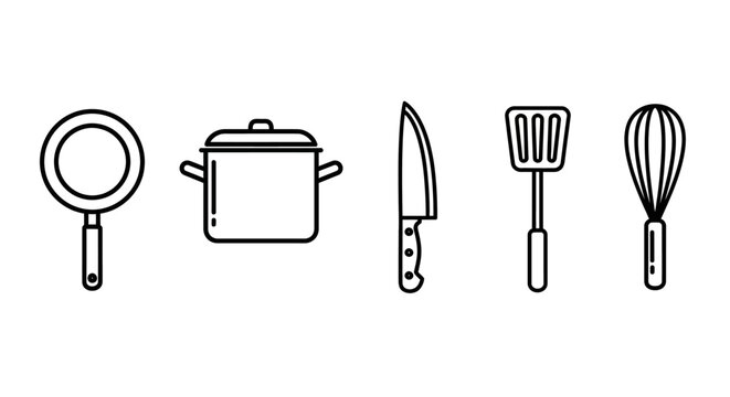 Line art kitchen utensils pan pot knife spatula whisk illustration