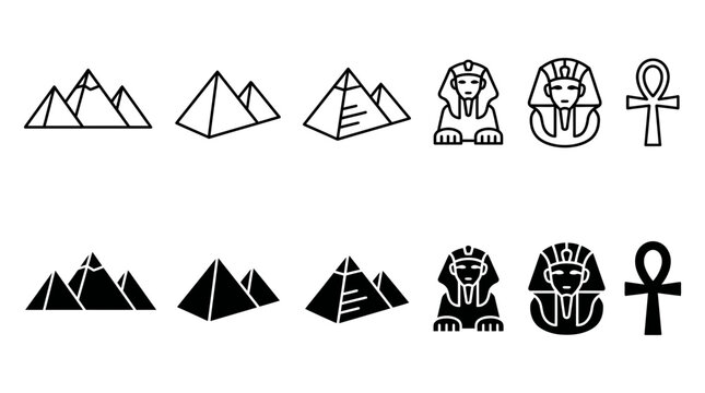 Egyptian landmarks icons: mountains pyramids sphinx ankh symbol with landmark monument architecture