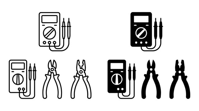 Electrician tools icons: multimeter pliers screwdriver in outline and filled styles electrician multimeter