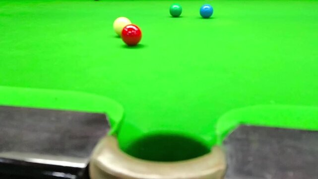 Blurred close up of Snooker shooting on snooker table in slow motion.