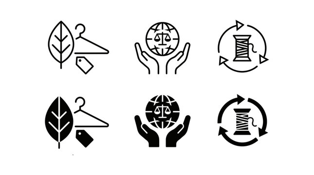 Sustainable fashion icons: leaf with hanger, globe with scales, spool with recycle symbol in outline
