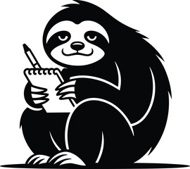 Fototapeta premium sloth, black silhouette, tired, notebook, pencil, animal, mammal, cartoon, eps10, black and white, flat sitting sloth, writing sl A flat black silhouette of a tired sloth holding a notebook and pencil