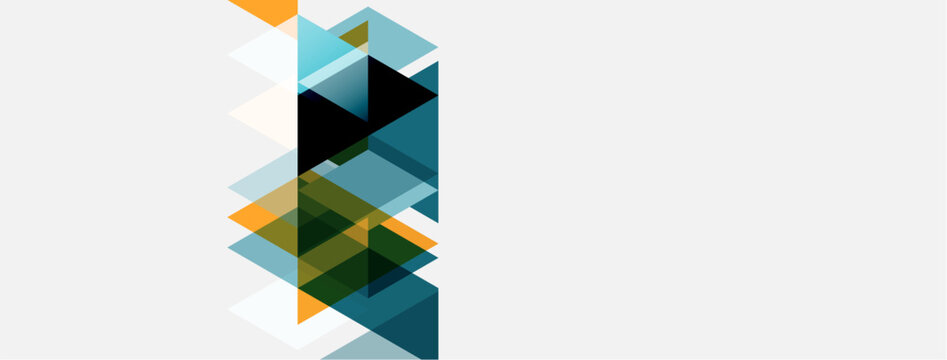 Abstract geometric shapes overlap, creating layered visual effect. Colors include blues, greens, oranges, blacks, whites. Minimalist design.