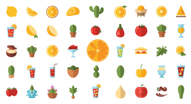 Extensive collection of flat style icons including fruits, vegetables, drinks, cacti, and dishes in a colorful grid layout.
