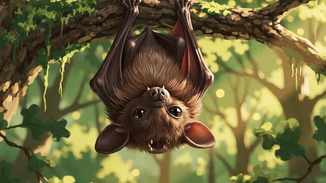 Cute cartoon bat hanging upside down on tree branch resting, yawning and napping peacefully in bright sunlit woodland environment