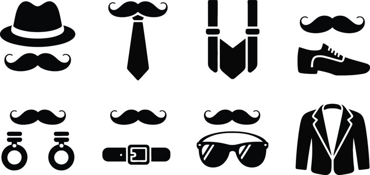 Minimalist black and white mustache and formal accessory icons set