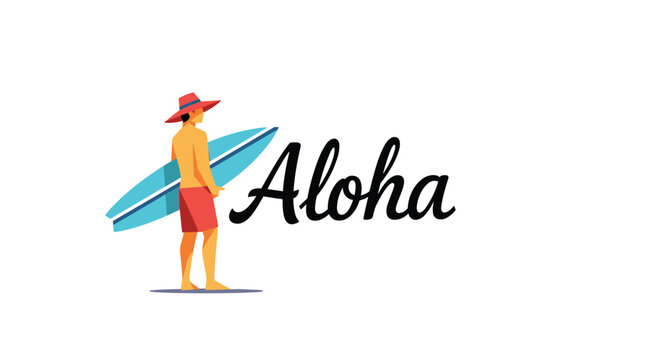 Surfer standing with a blue board wearing a red sun hat and shorts next to the hand-lettered text saying aloha on white background.
