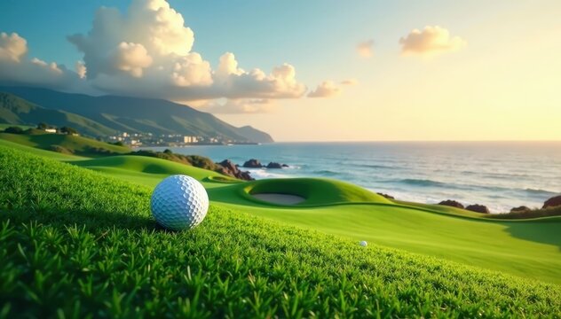 Golf ball rolling down a hill with ocean and horizon in the background, scenery, roll