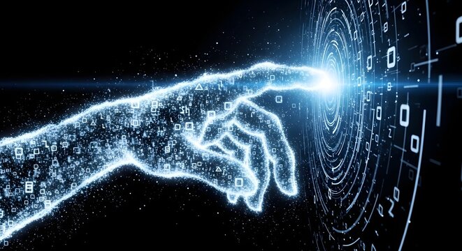 Digital matrix connection and touch screen interface navigation. Cyber virtual network and big data stream management. Glowing particle hand pressing a futuristic circular code portal.