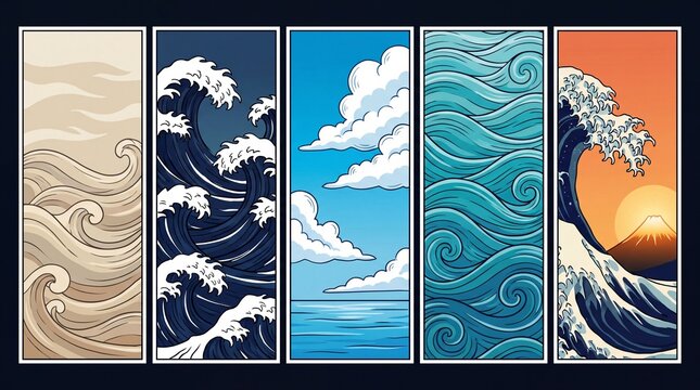 Set of five vertical artistic panels featuring dynamic ocean waves and blue sky with fluffy white clouds in a stylized vibrant flat vector art design