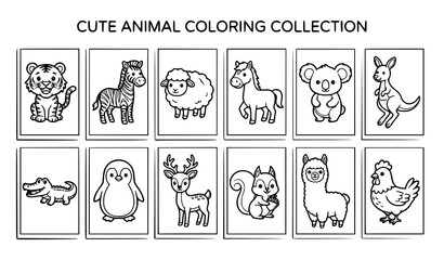 Fototapeta premium Cute Animal Coloring Activity Page Bundle Black and White Vector Illustration