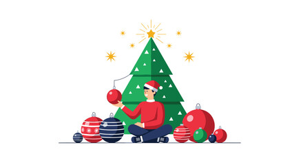 Fototapeta premium Festive illustration of a person wearing a santa hat sitting by a large green christmas tree surrounded by colorful striped ornaments.