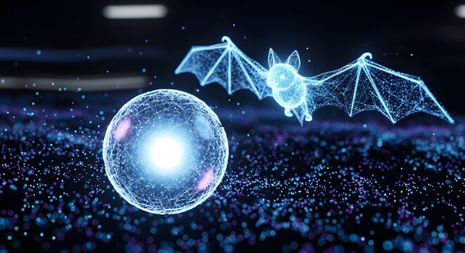 Biosonic radar echolocation and virtual animal tracking intelligence. Wildlife research technology data analytics. Digital mesh bat flying near a glowing particle orb over dark ground.