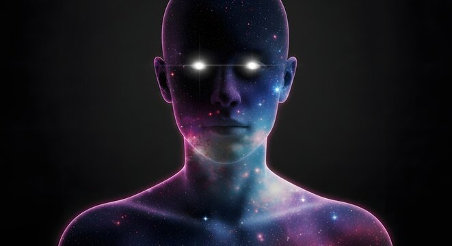 Cosmic human consciousness and universal spiritual avatar. Deep space exploration science and mind transcendence. Silhouette head filled with purple starry galaxy nebula clouds.