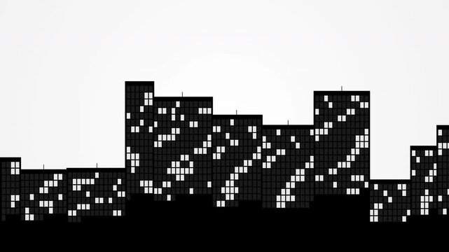 A pixelated black and white image depicts a castle-like structure with towers, battlements, and a bridge, set against a light background