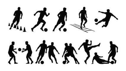 Obraz premium Soccer player drills and actions silhouette vector icons