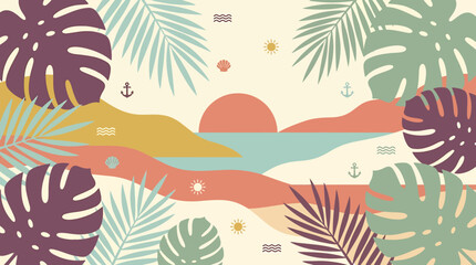 Obraz premium A minimalist tropical landscape illustration depicts a serene beach scene with lush foliage and vibrant leaves surrounding a tranquil body of water at sunset.