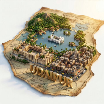 3D isometric map illustration of Udaipur, Rajasthan, India,