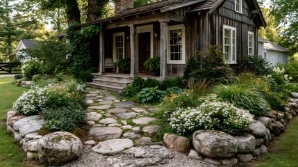 Obraz premium Rustic wooden cottage with stone path and garden