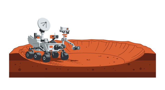 Illustration of a mars rover exploring a red planet surface vector design