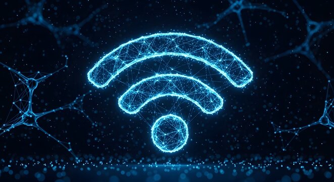 Glowing blue digital mesh wifi icon against a dark backdrop. Wireless communication, high speed network connection and internet access. Wi-Fi signal emblem floating amid neural pathways