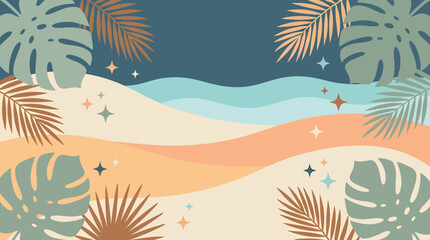 Vibrant tropical abstract artwork depicts lush plants on a serene beach at dusk with sparkling stars. © Crushin