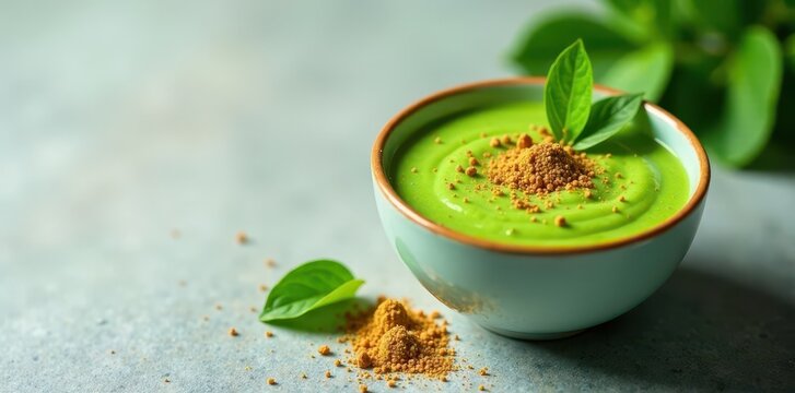 Green smoothie bowl with leafy greens and nutmeg, greens, healthy breakfast