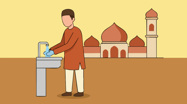 Muslim man performing wudu (ablution) at a mosque, preparing for prayer
