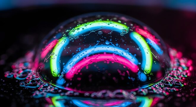 Macro shot of a single soap bubble filled with colorful neon reflections. Creative abstract art, laboratory science fluid mechanics and sound wave ripple. Iridescent bubble shimmering on dark base