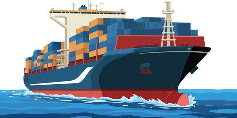 Cargo ship vector illustration with stacked containers sailing on ocean waves representing global freight and maritime transport © Sheikh