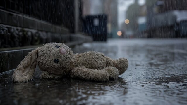 expropriated. A discarded plush toy lying in the rain with wet, matted fur, muted colors. lifestyle magazines, social media lookbooks, designed for lifestyle magazines and social media content.