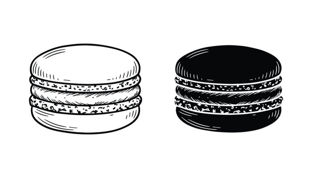 French macaron cookie vector illustration set featuring hand drawn line art and solid black silhouette styles for bakery branding and pastry shop menu design isolated on white background