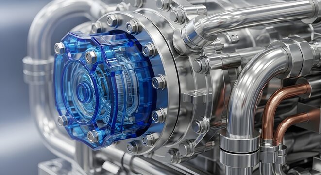Mechanical engine turbine with a blue transparent polymer casing. Heavy industrial engineering and machinery manufacturing. Chrome pipe fittings channeling fluid through a pump system.
