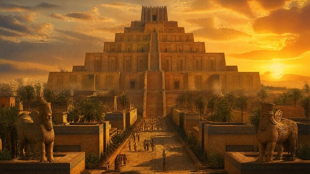 ziggurat. Massive stepped ziggurat silhouette under a sunset sky. inspiring travel planning, event programs, designed for cultural heritage projects and event programs, used by operations managers.
