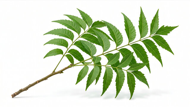 Green Neem Twig with Compound Leaves Isolated on Plain White Background