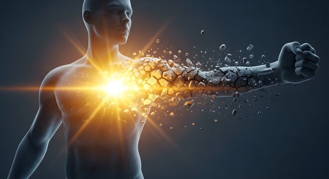 Surrealistic human body shattering into stone fragments with glowing chest. Psychological breakthrough and inner strength concept. Male figure bursting with golden energy light.