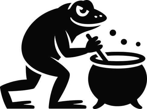 frog, silhouette, black, cauldron, bubbling, sneaky, stirring, pot, amphibian, eps10, flat white background, boiling, steam, bubbles, mys Black silhouette of a sneaky frog stirring a bubbling cauldron
