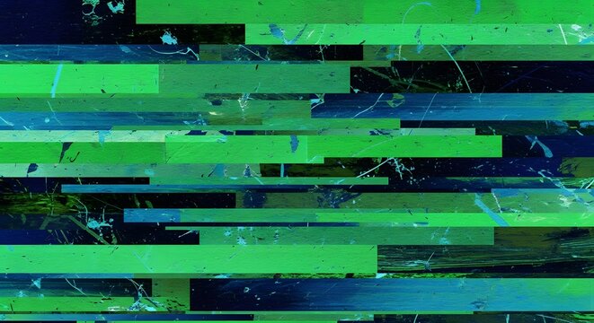 Abstract horizontal green and blue glitch bars with ink texture. Digital data corruption and broadcast failure concept. Graphic geometric stripes overlapping on a dark backdrop.