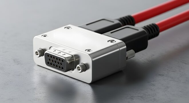 Silver metal video graphic adapter connector with twin red cords. High speed computer data display and hardware transmission concept. Double input wire plugging into a screen port.