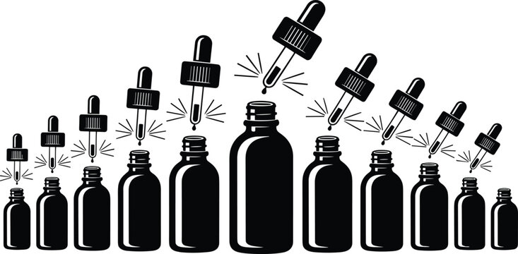 Dropper bottles vector illustration showing liquid dispensing motion with symmetrical arrangement of glass containers and pipettes artwork