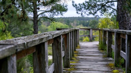 Fototapeta premium Wooden boardwalk leading to scenic forest viewpoint