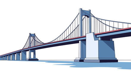 Fototapeta premium A long suspension bridge with multiple towers and cables spanning over water, depicted in a clean, illustrative style.