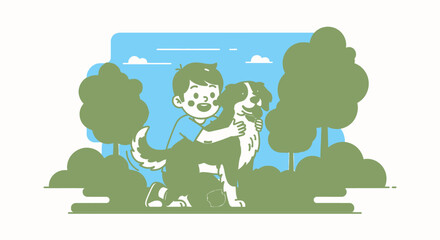 Obraz premium Child and dog embrace in park with trees on a clear day illustration