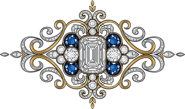 Jewelry brooch showcases a brilliant emerald cut diamond surrounded by ornate sapphire.