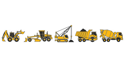 Obraz premium Illustrated construction vehicles excavators graders cranes dump trucks and mixers