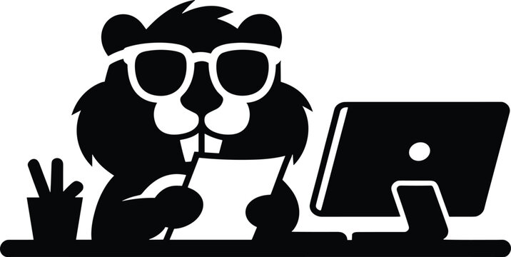 beaver, silhouette, black, minimalist, sunglasses, computer, desk, papers, peace sign, animal,  Minimalist black silhouette of a beaver wearing sunglasses, sitting at a desk with a computer and papers