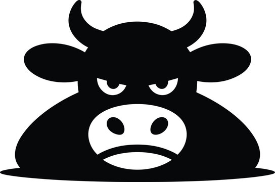 bull, angry bull, black silhouette, minimalist white background, animal, cattle, horns, aggressive expression, frowning face, monochrome, Minimalist black silhouette of a bull with an angry expression