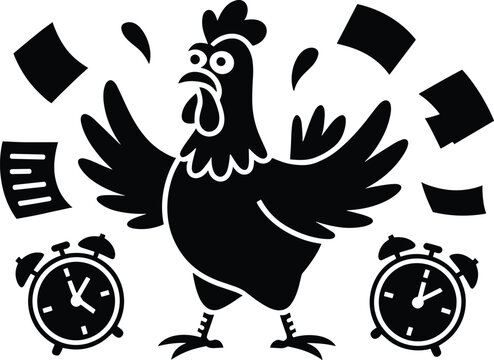 black silhouette, rooster, chicken, panicked, papers, alarm clocks, minimalist, white background, simple cartoo Minimalist black silhouette of a panicked rooster, surrounded by papers and alarm clocks