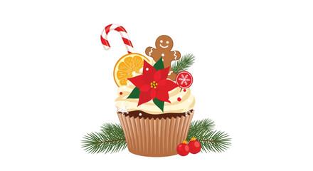 Fototapeta premium Festive christmas chocolate cupcake decorated with a gingerbread man a candy cane orange slice and a red poinsettia flower.