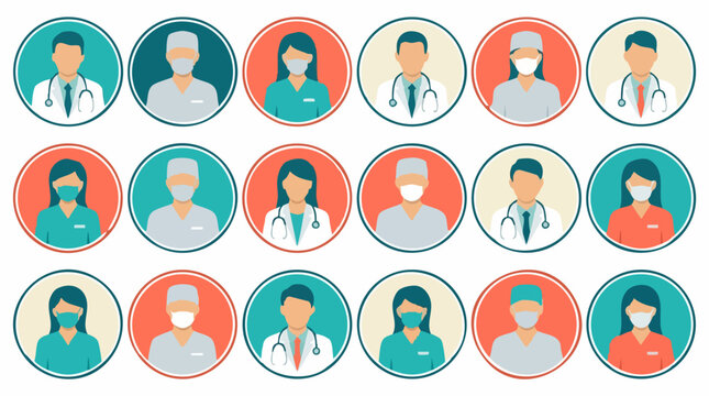 Medical staff avatars with and without protective masks, doctors and nurses icons